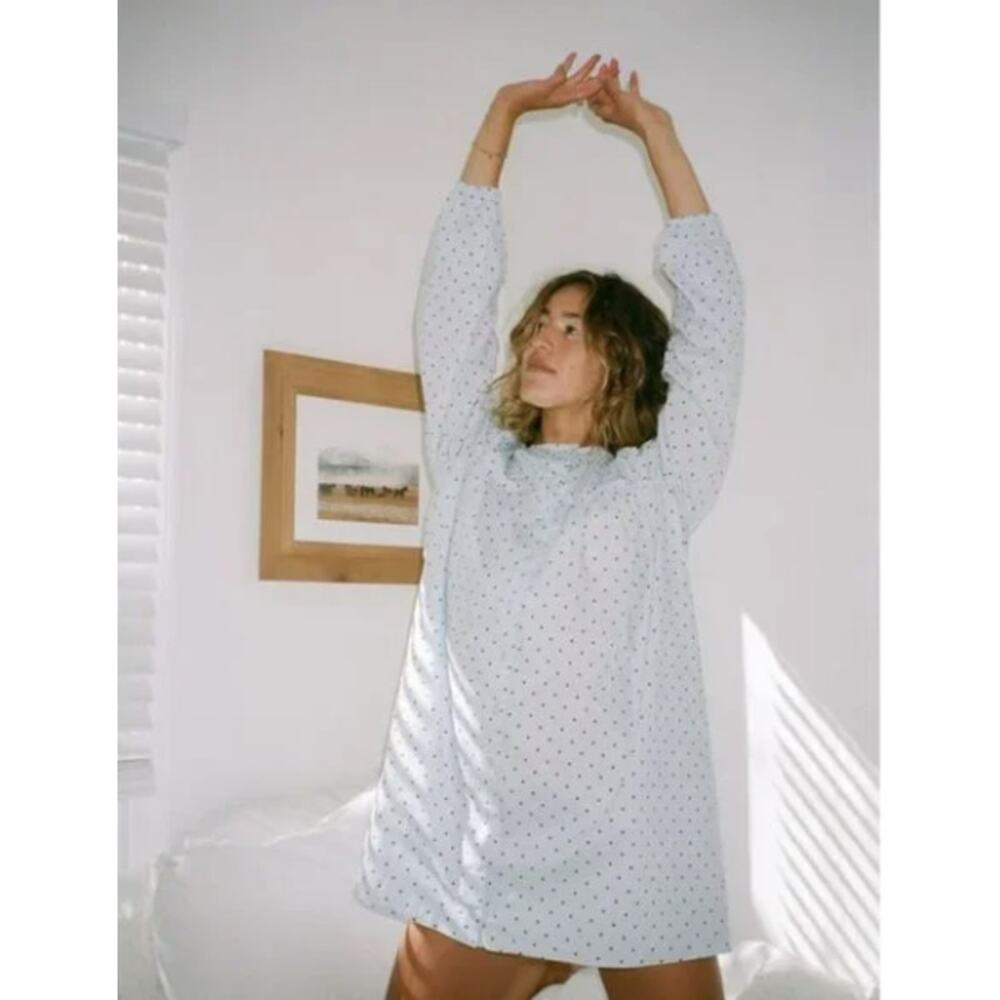 NWT LACAUSA Avery Cotton Poplin Long Sleeve Mini Dress Baby Blue Dot Small